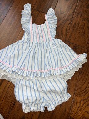 Well Dressed Wolf Blue and White Striped Ruffle Baby Dress with Pink Trim